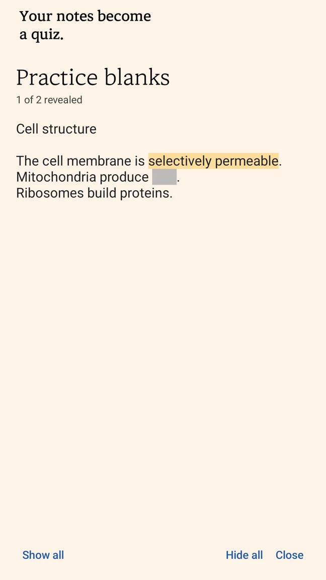 English app practice screen. A cell-structure note has one revealed answer and another hidden answer.