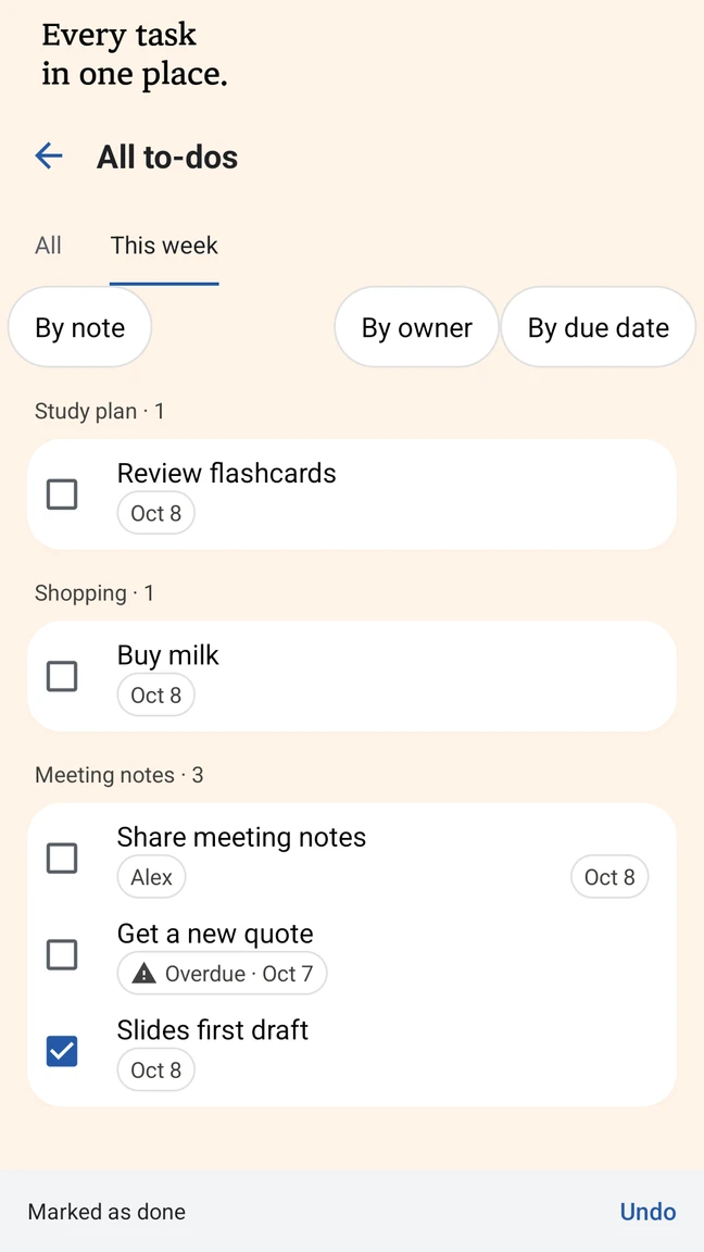 English app task collection. Tasks from different notes appear with due dates and a completed item.