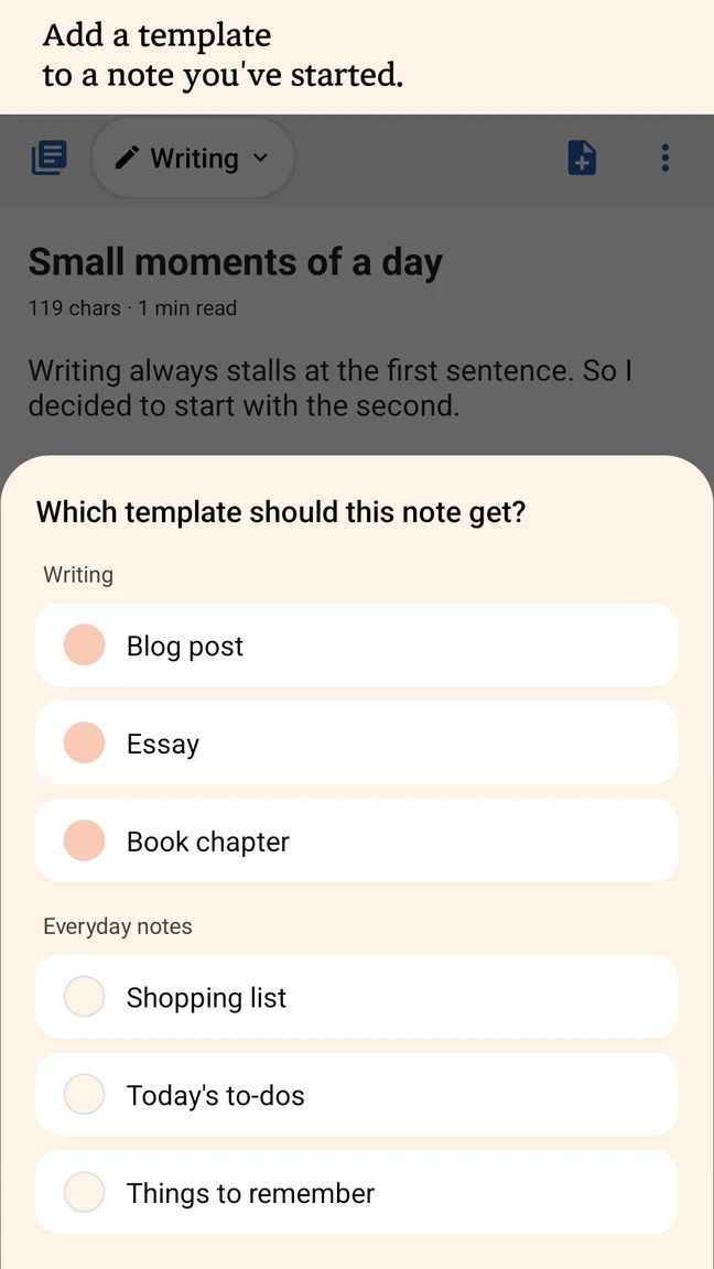 English app template chooser over a note in progress, with blog post and essay options.
